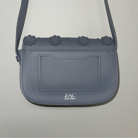 ZAC Zac Posen Crossbody Bag Slate Blue Grey Leather Flowers Handbag Purse Silver - Picture 9 of 14
